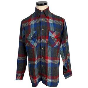 Van Heusen Winterweights Mens Plaid Shirt M Red Blue Gray Long Sleeve Button-Up